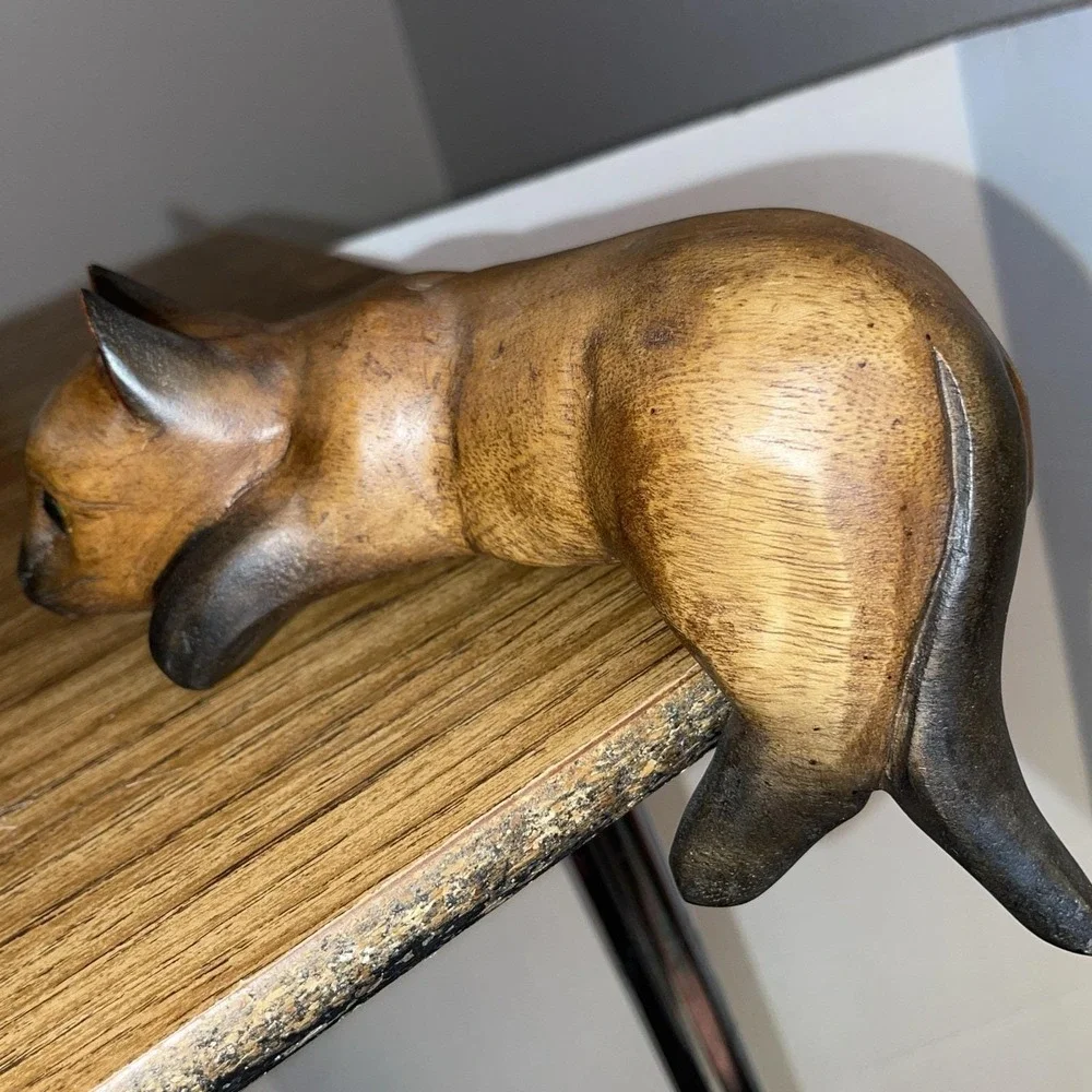 VTG Hand Carved Wood Cat Shelf Sitter Whimsical Siamese Figurine 1980s Folk Art